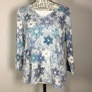 Winter Christmas Xmas top snowflakes silver tone rhinestones 3/4 sleeves size M